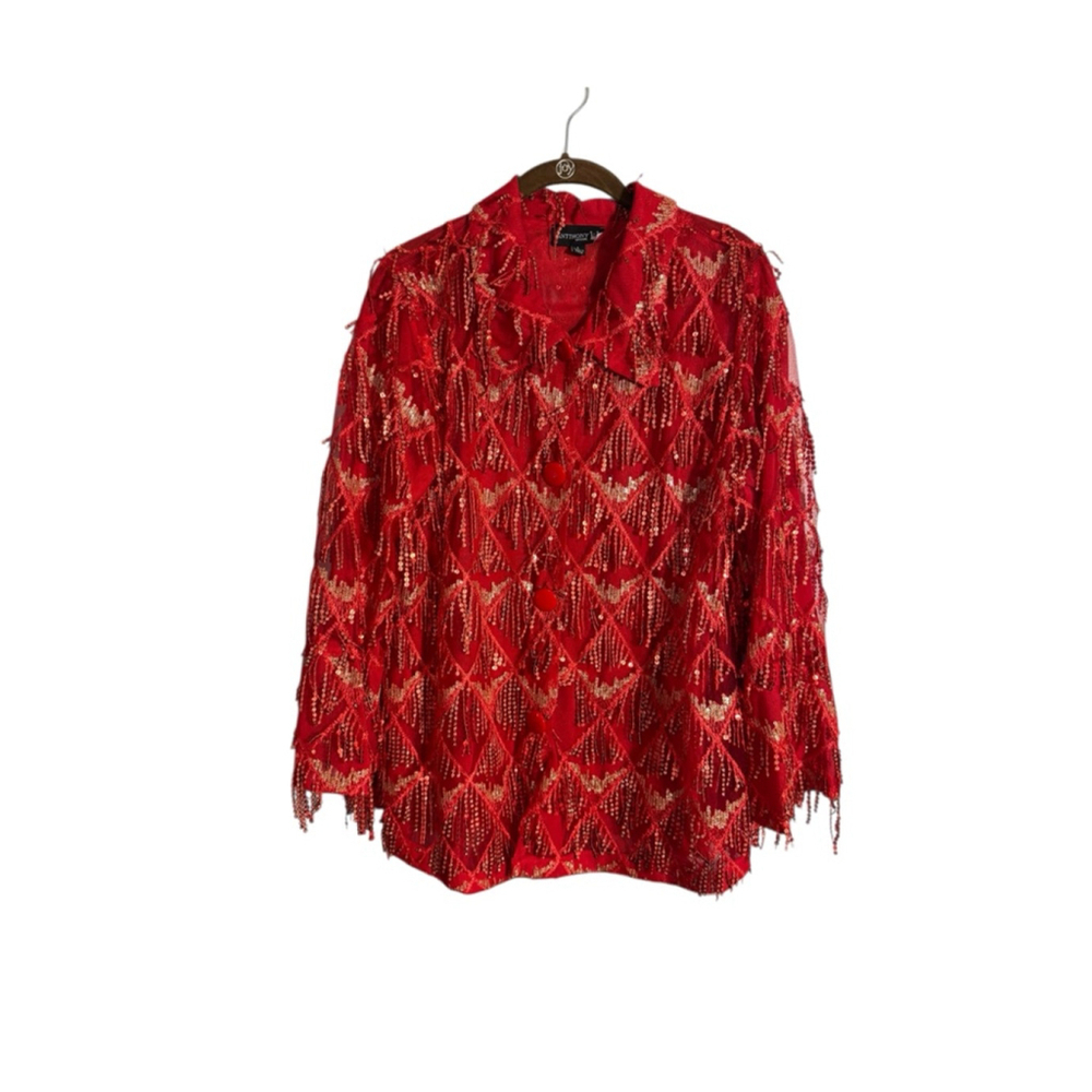 Size L ANTTHONY Red & Gold Shimmery Holiday Occasion Maximalist Sequin Blouse